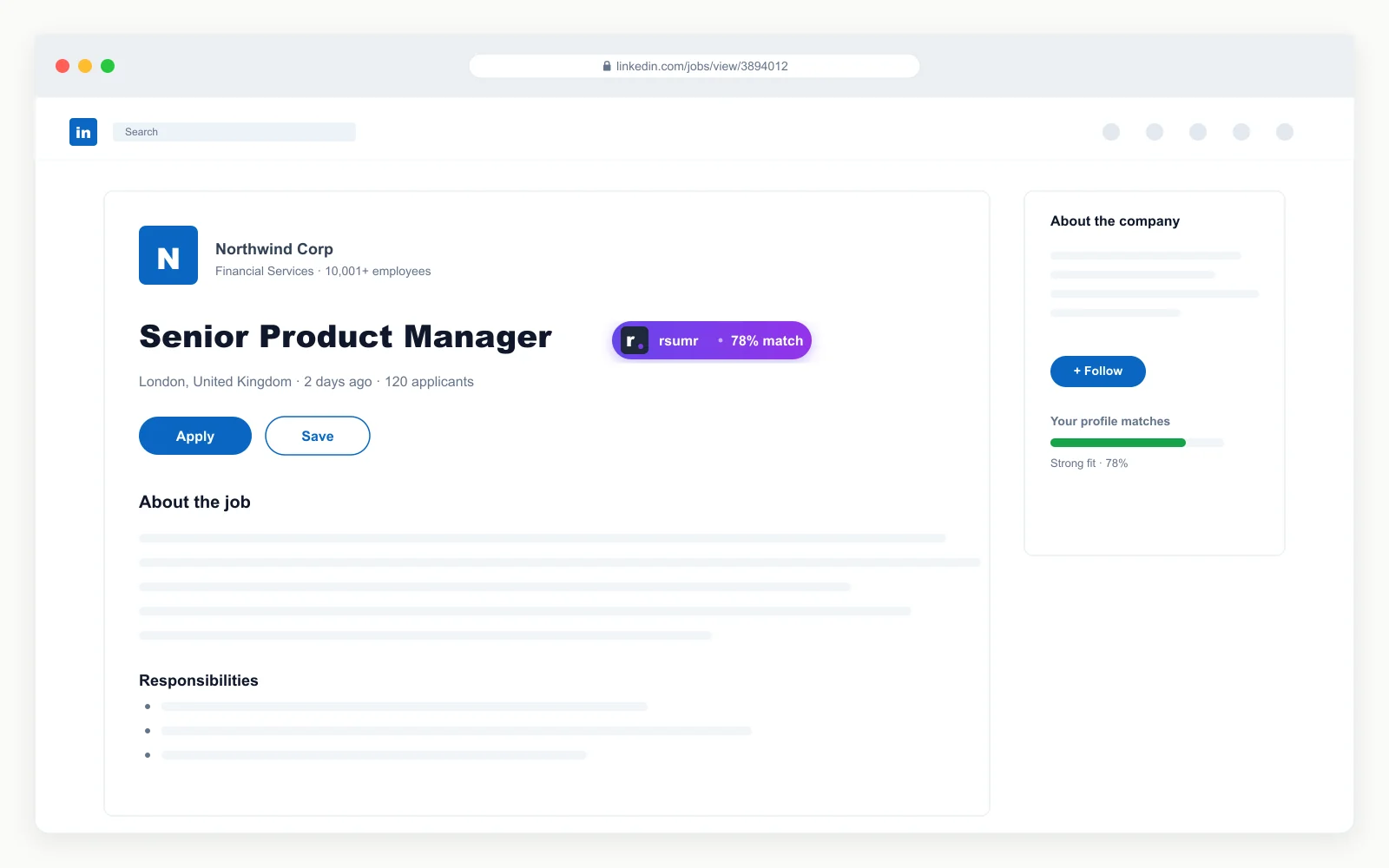 rsumr pill showing 78% match score next to a Senior Product Manager job title on a LinkedIn listing