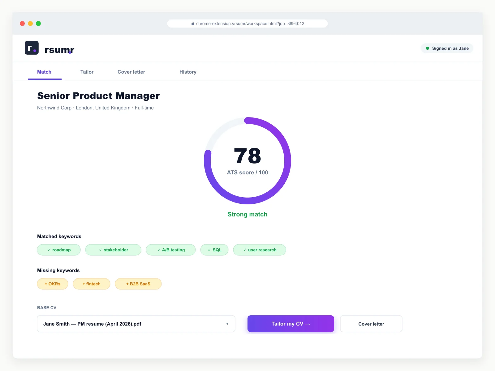 rsumr workspace tab with the Match tab active, showing a 78 ATS score, matched keyword pills, missing keyword pills, and a Tailor my CV button